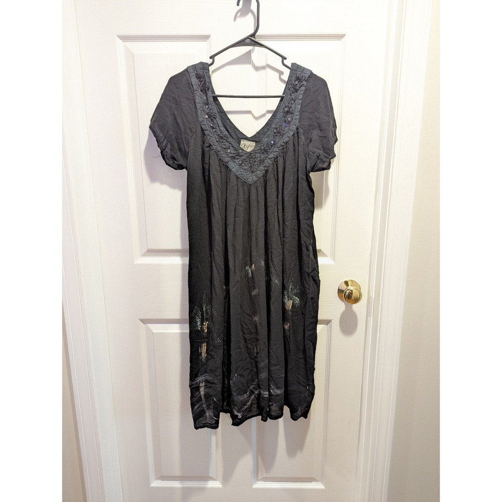 Boho Fairy Grunge Distressed Palm Tree Tunic Dress Black‎ Pocket Mini